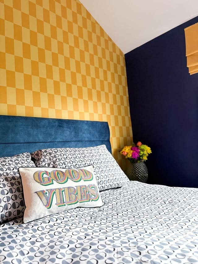 9. Checkerboard Energy with Navy and Mustard - gray and blue bedroom ideas
