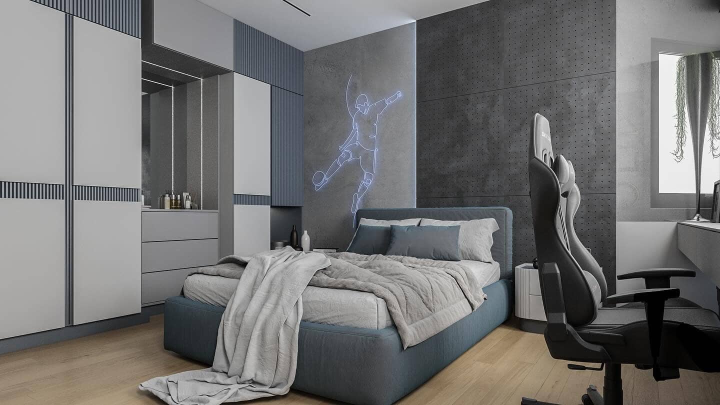 10. Urban Gamer’s Den in Gray Concrete and Cool Blue - gray and blue bedroom ideas