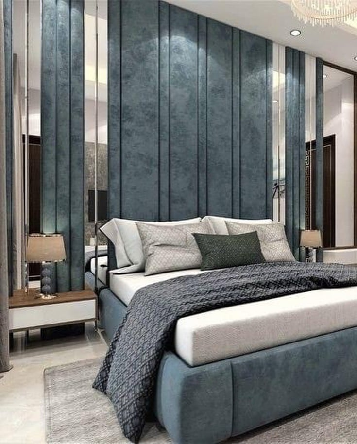 13. Modern Luxe in Steel Blue and Charcoal Gray - gray and blue bedroom ideas