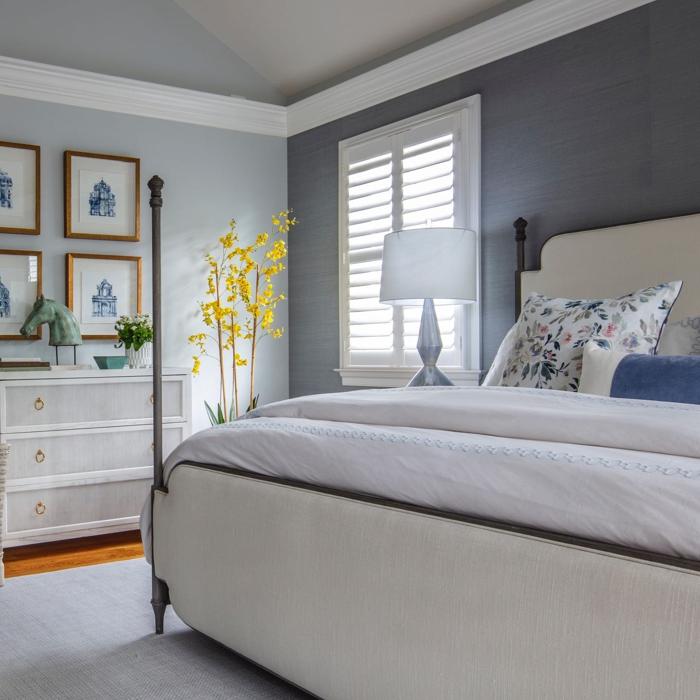 17. Polished Classic with Gray Texture and Blue Accents - gray and blue bedroom ideas