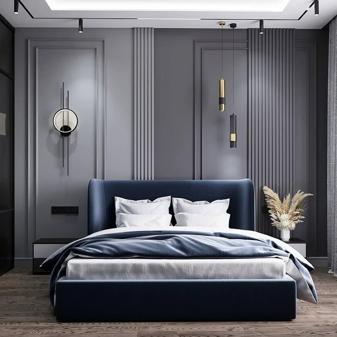 18. Contemporary Contrast in Graphite Gray and Navy Blue - gray and blue bedroom ideas