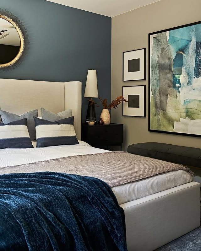 19. Art-Inspired Blend of Teal and Warm Neutrals - gray and blue bedroom ideas