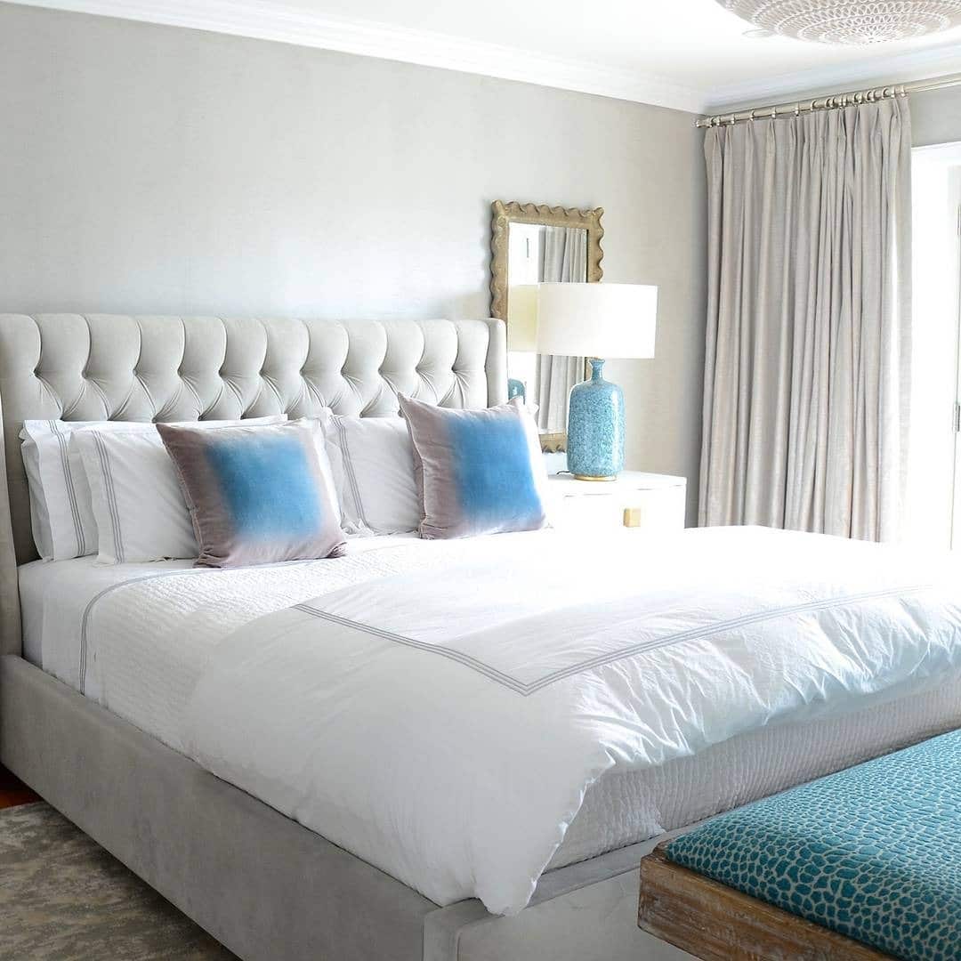 22. Refined Glamour in Silver Gray and Azure Accents - gray and blue bedroom ideas