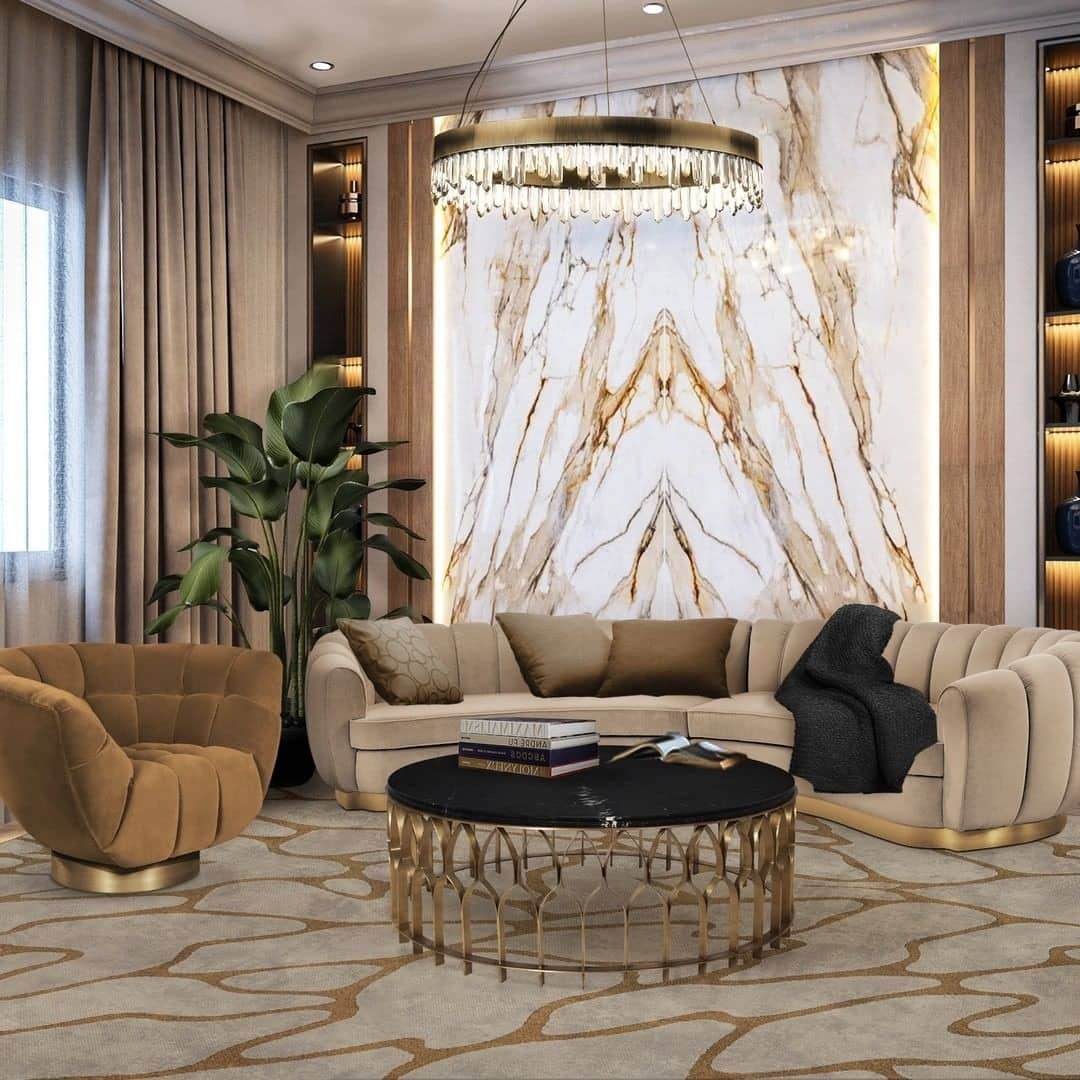 4. Marble Elegance with Golden Grandeur - brown and gold living room ideas