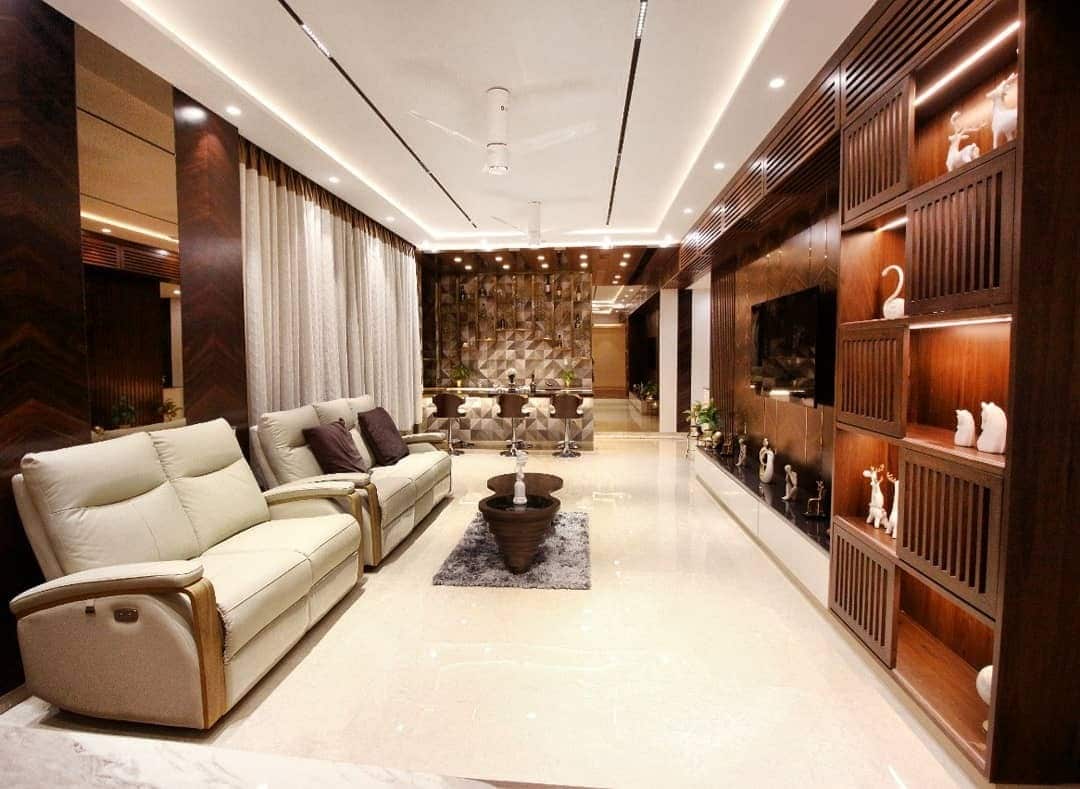 9. Contemporary Opulence in Walnut and Ivory - brown and gold living room ideas