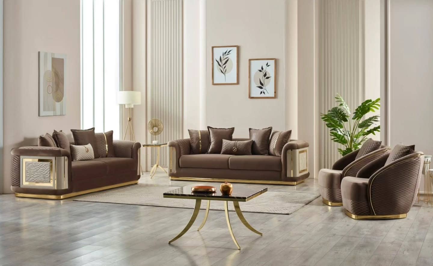 11. Modern Elegance in Mocha and Gold - brown and gold living room ideas