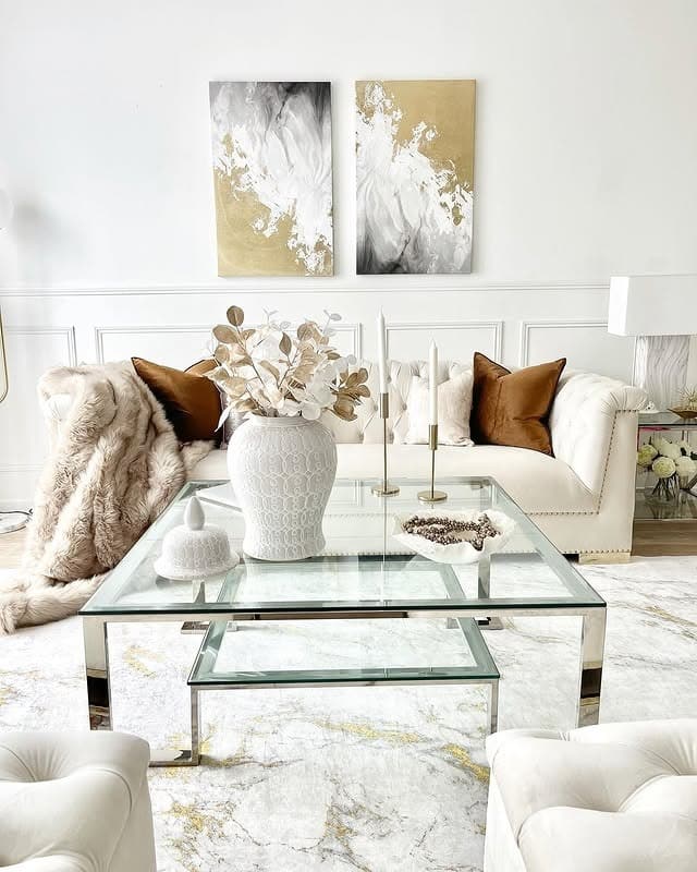 12. White and Gold Luxe with Warm Brown Accents - brown and gold living room ideas