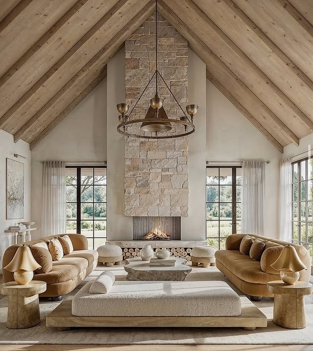 13. Rustic Loft Charm in Caramel and Stone - brown and gold living room ideas