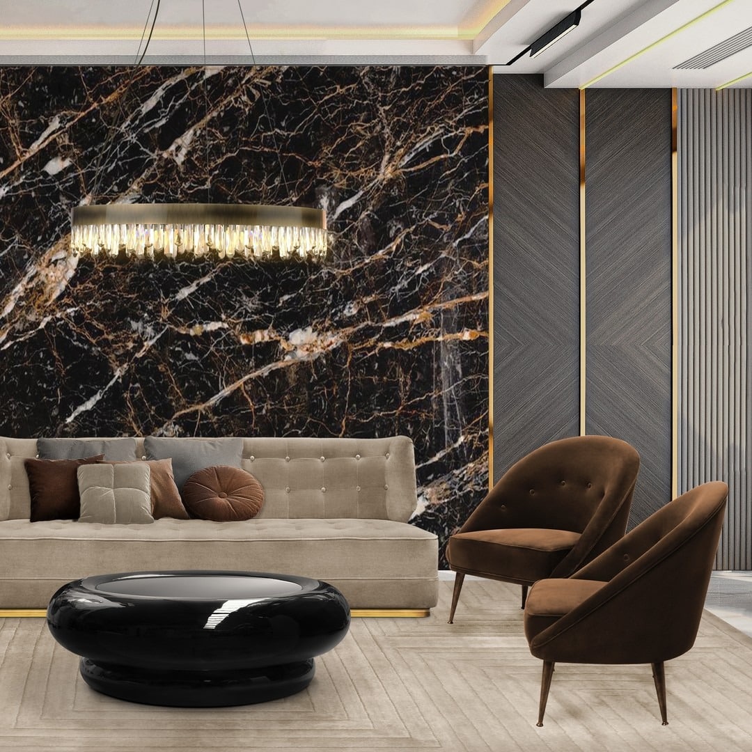 14. Bold Glamour with Espresso and Black Marble - brown and gold living room ideas