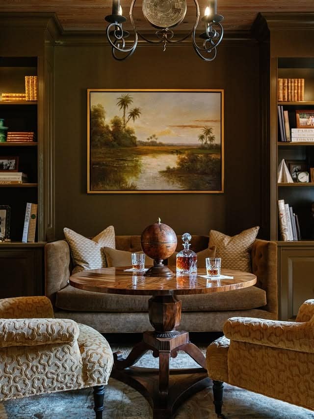 15. Classic Library Warmth with Antique Gold Touches - brown and gold living room ideas