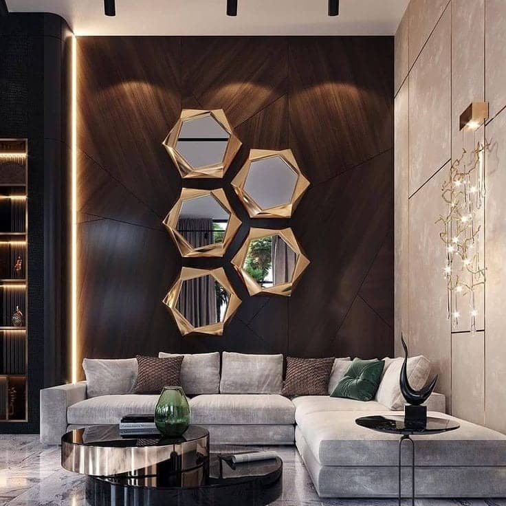 16. Geometric Gold Accents and Modern Contrast - brown and gold living room ideas