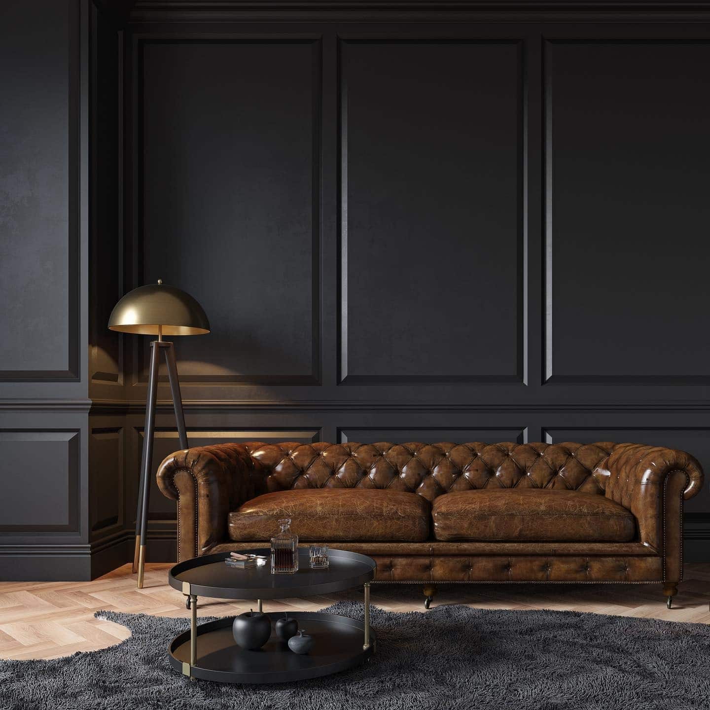 19. Masculine Edge with Cognac and Brass - brown and gold living room ideas