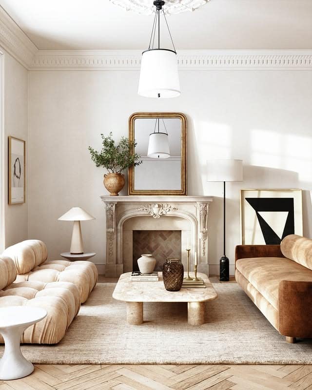 22. Modern Classic in Beige and Golden Caramel - brown and gold living room ideas