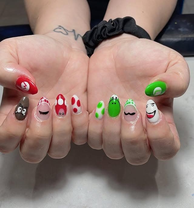 2. Super Mario Fun Nails - red and green nail ideas