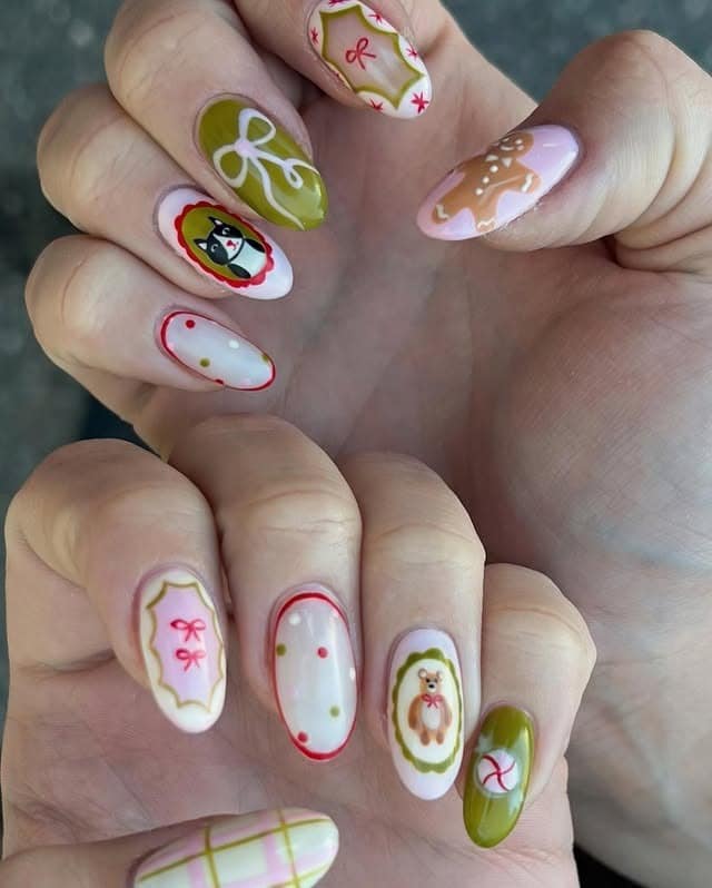 6. Whimsical Gingerbread Art Nails - red and green nail ideas