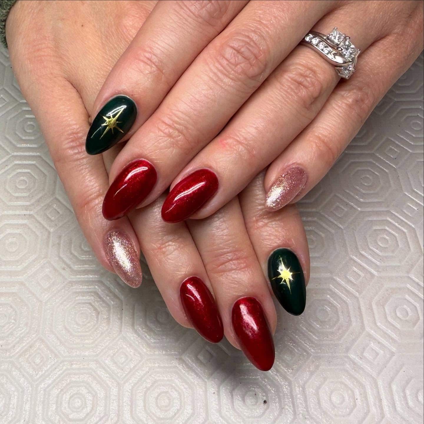 8. Starry Christmas Glam Nails - red and green nail ideas