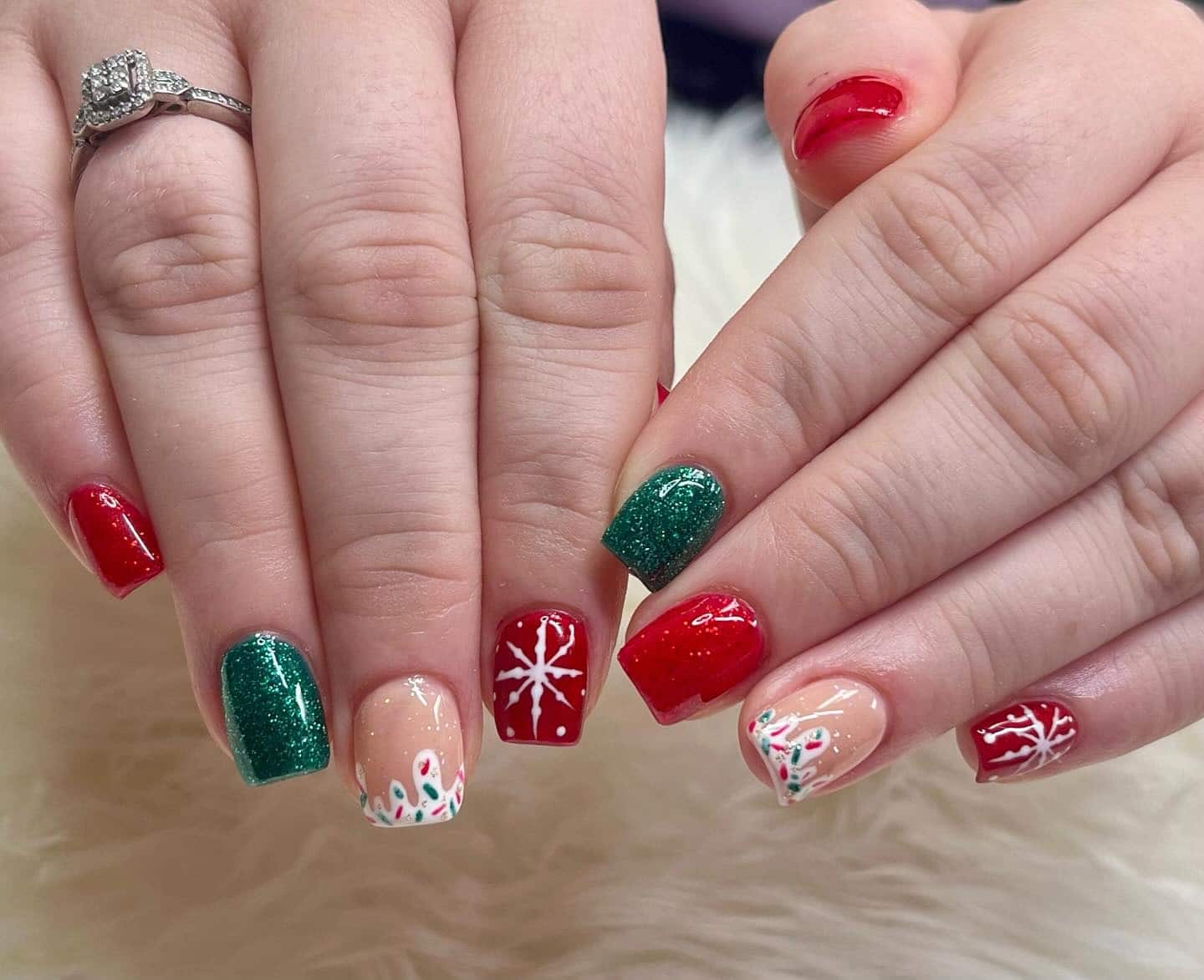11. Festive Sparkle Mix Nails - red and green nail ideas