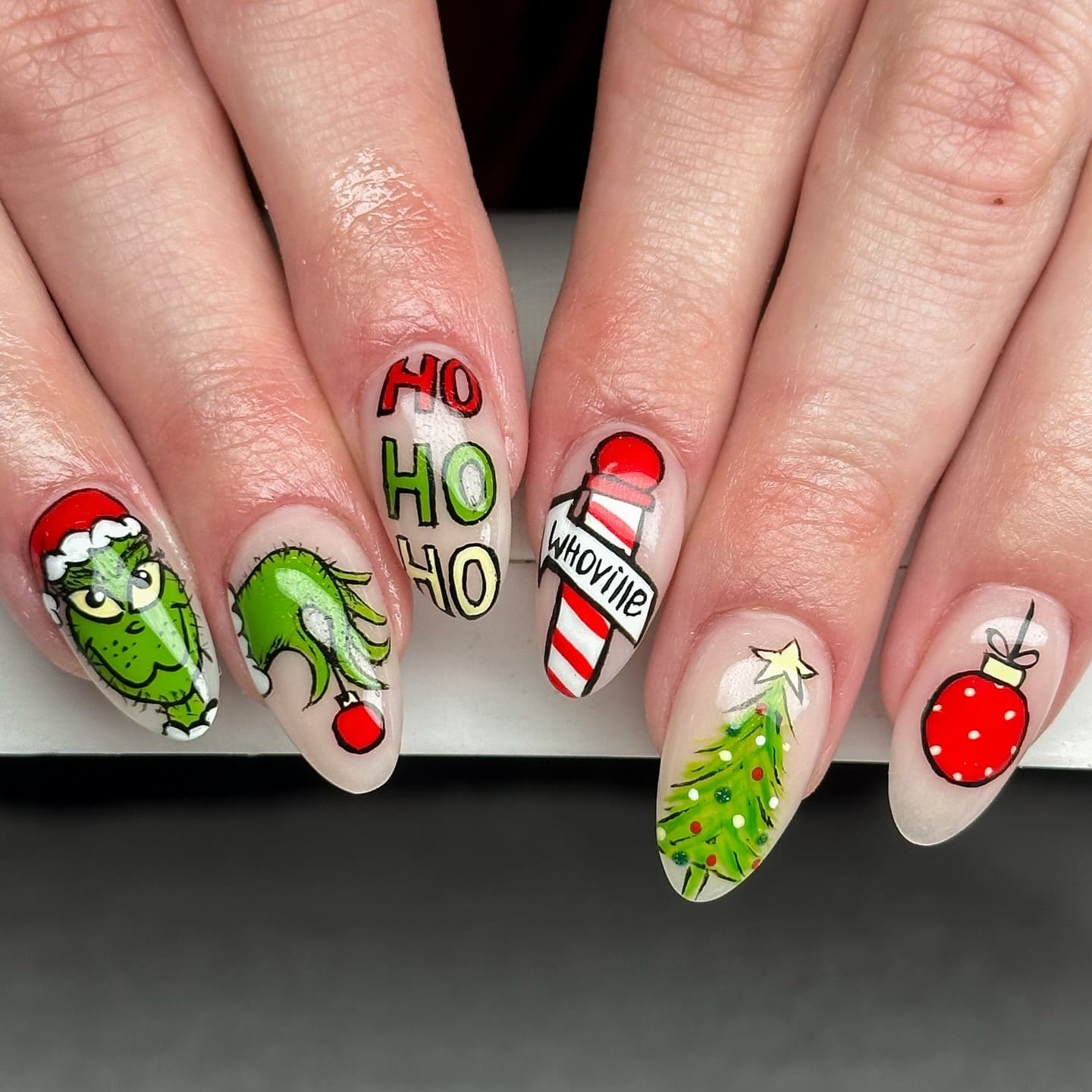 12. Grinch-Inspired Holiday Art - red and green nail ideas