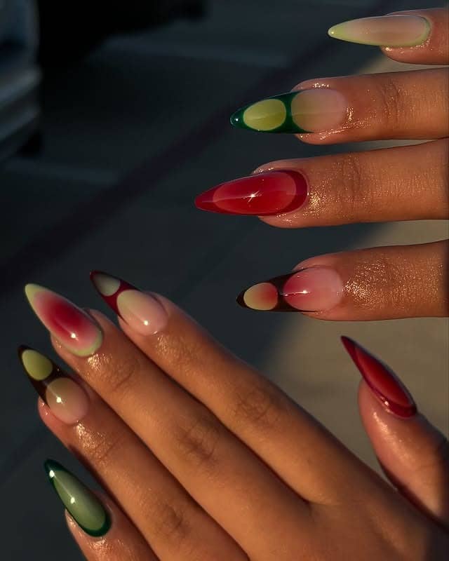 15. Modern Abstract Gradient Tips - red and green nail ideas