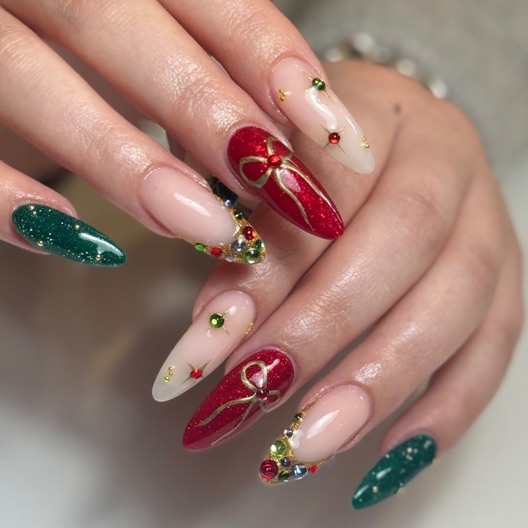 19. Holiday Gem Ribbon Nails - red and green nail ideas