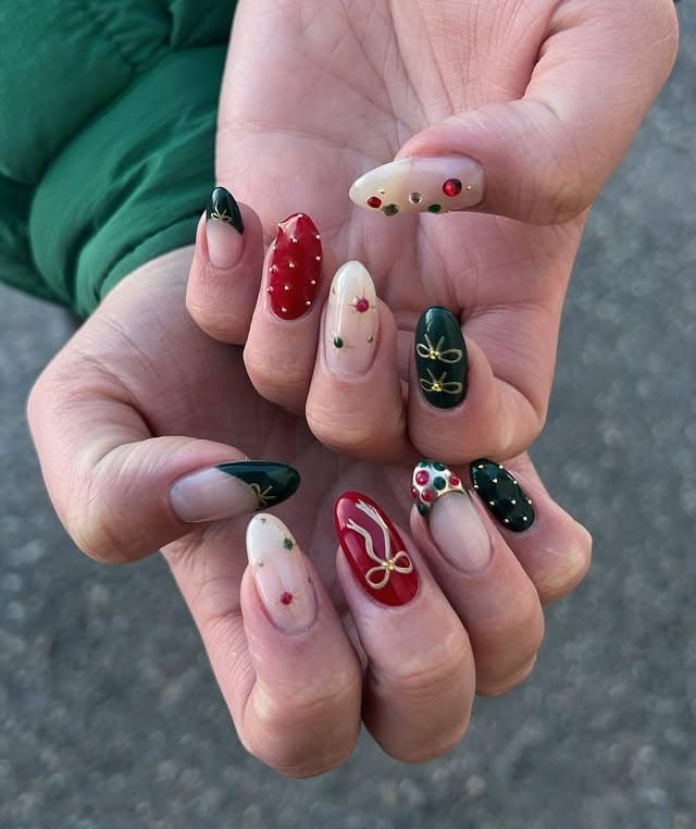 21. Holiday Ribbon and Ornament Nails - red and green nail ideas