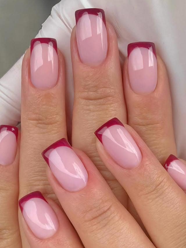 1. Crimson Edge French Tips - red and pink nail ideas