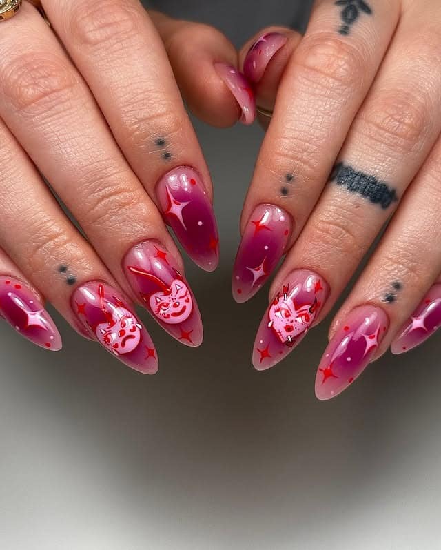 5. Celestial Cat Glow - red and pink nail ideas