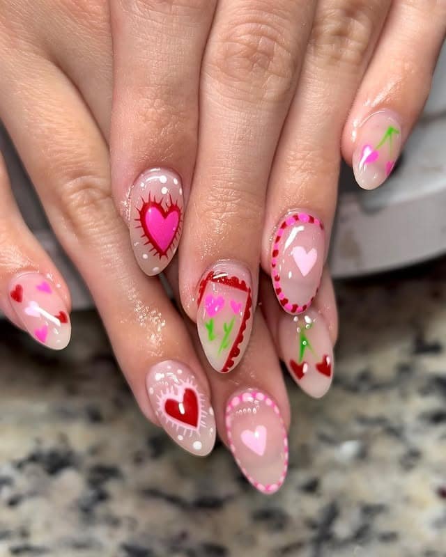 8. Heart Patchwork Glam - red and pink nail ideas