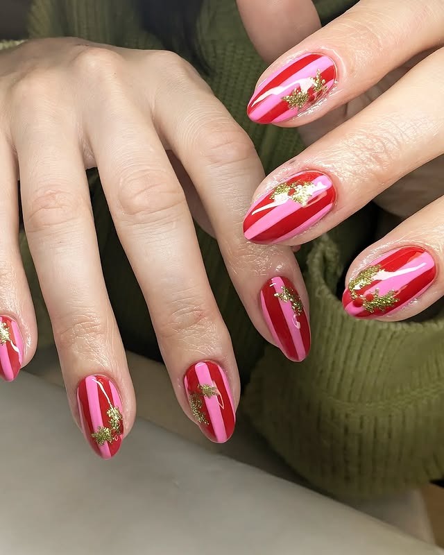 12. Golden Peppermint Glam - red and pink nail ideas