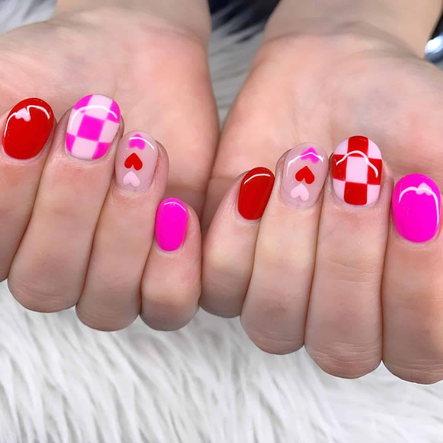 16. Checkerboard Hearts - red and pink nail ideas