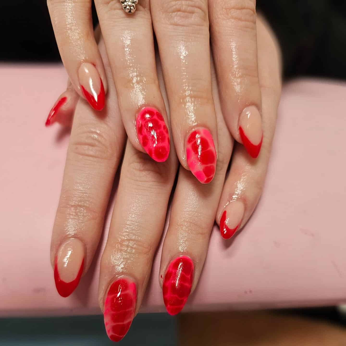 21. Glossy Red Veil Tips - red and pink nail ideas