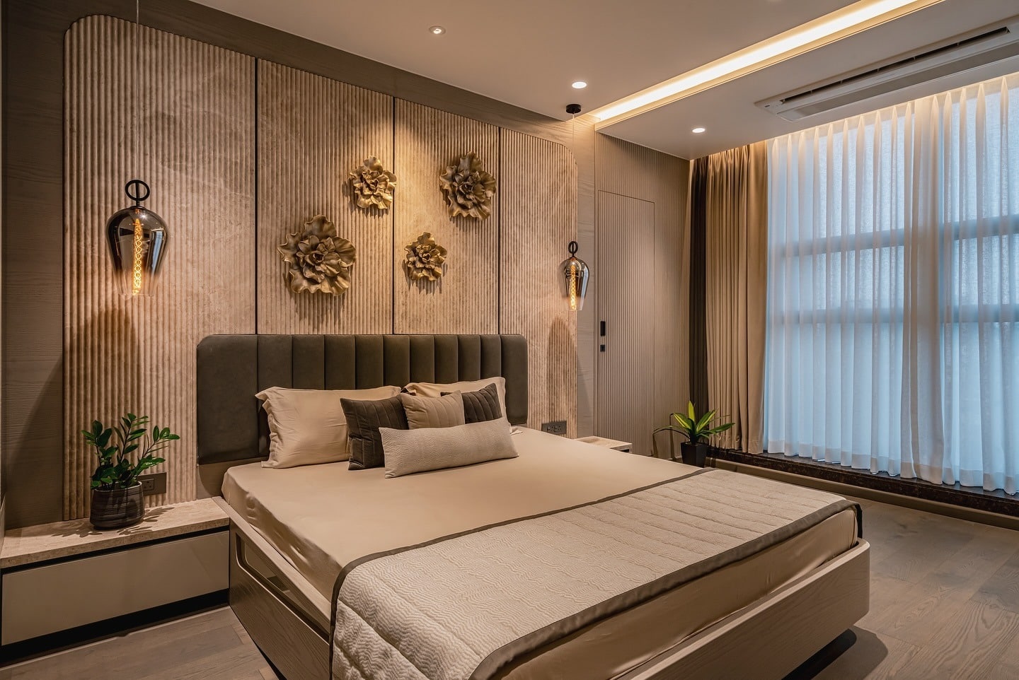 2. Taupe Tranquility with Sculptural Warmth - bedroom ideas for women