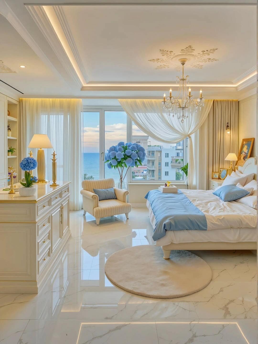 16. Coastal Grandeur in White and Sky Blue - bedroom ideas for women