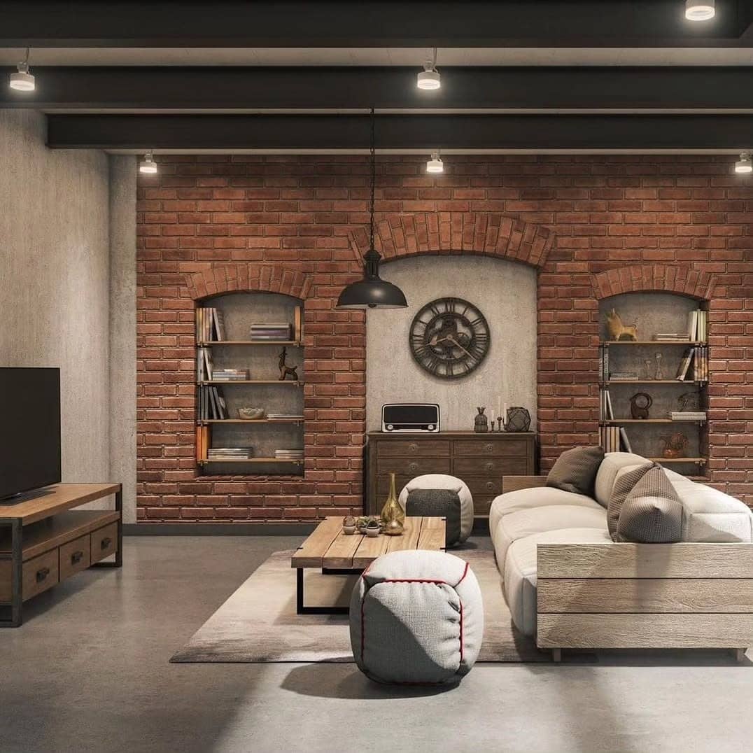 1. Industrial Charm with Brick Accents and Rustic Warmth - large living room wall ideas