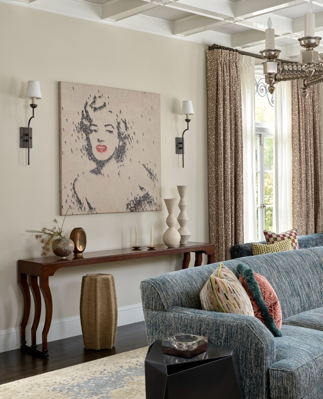 3. Classic Elegance with Artistic Personality - large living room wall ideas