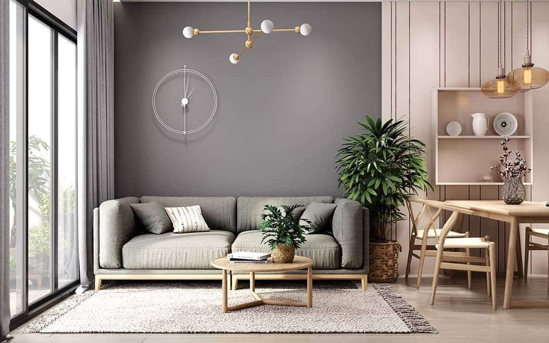 4. Modern Minimalism with Soft Neutrals and Greenery - large living room wall ideas