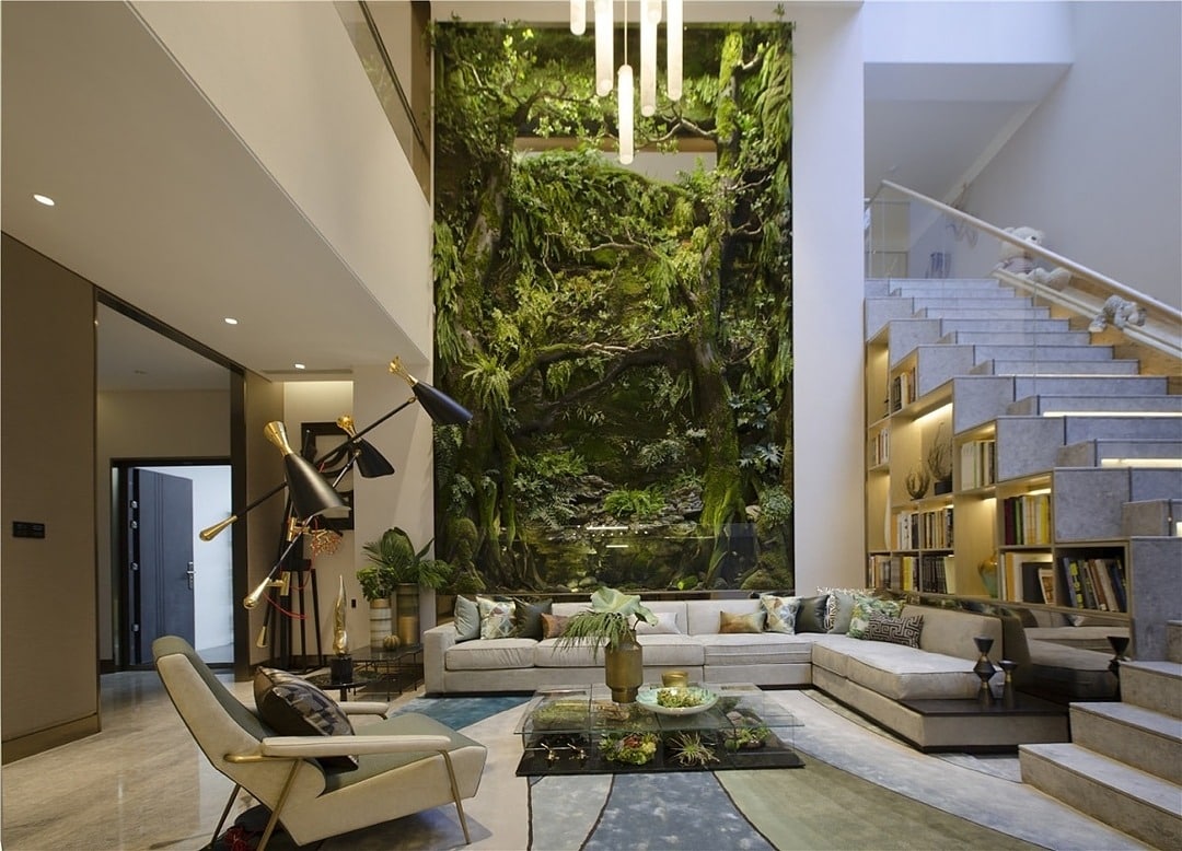 9. Lush Vertical Garden with Architectural Drama - large living room wall ideas