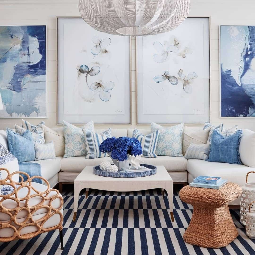 10. Coastal Layers in Blue and White - large living room wall ideas