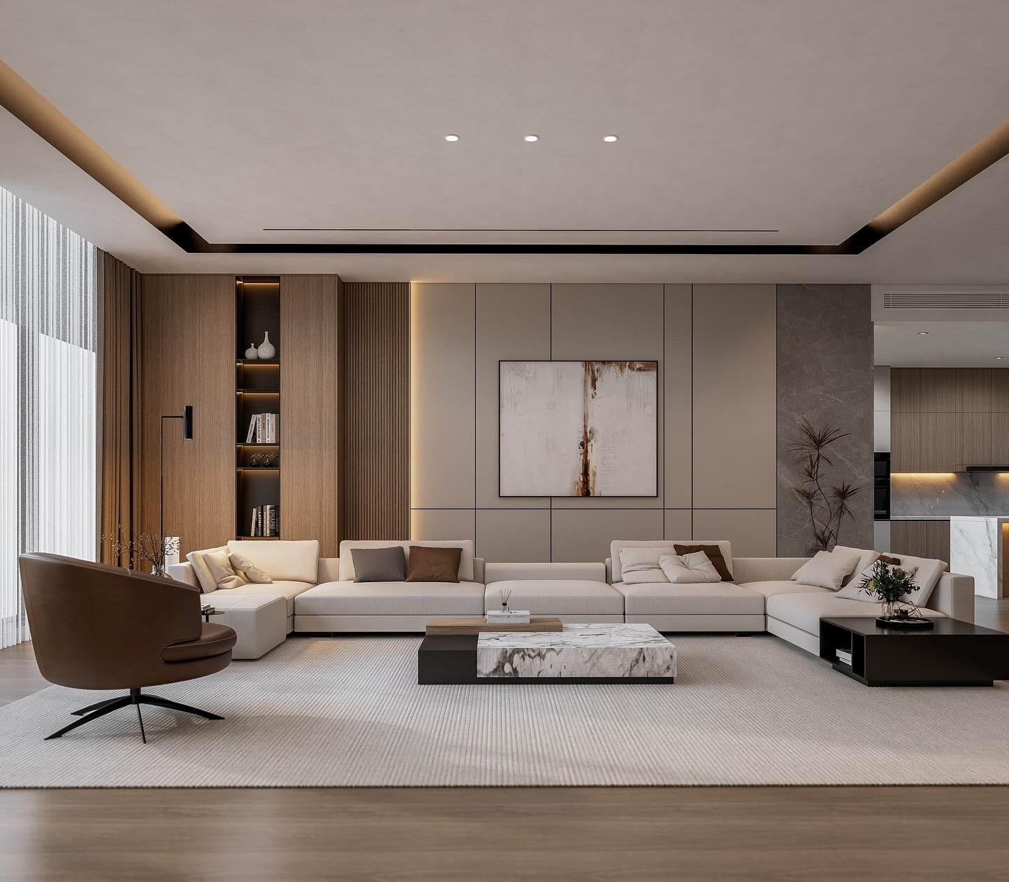 14. Modern Neutrals with Linear Warmth - large living room wall ideas