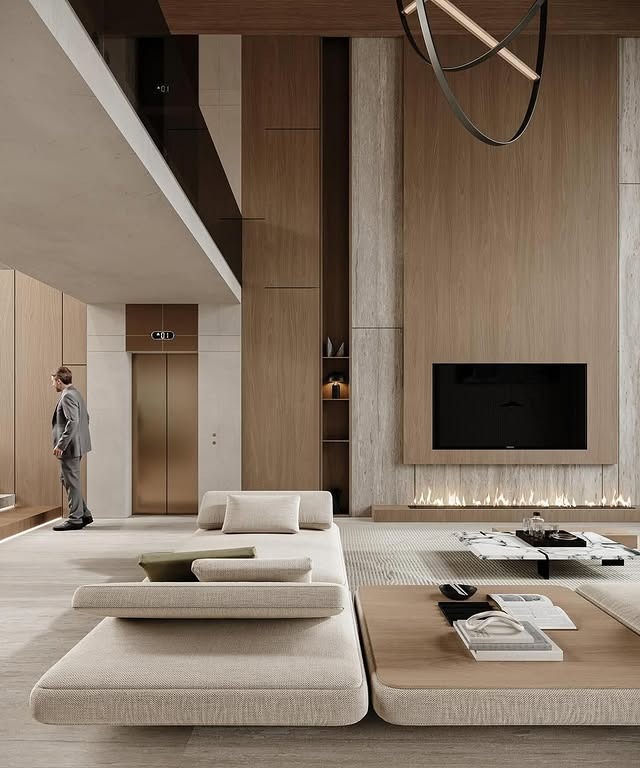 16. Minimalist Grandeur in Soft Neutrals and Wood - large living room wall ideas