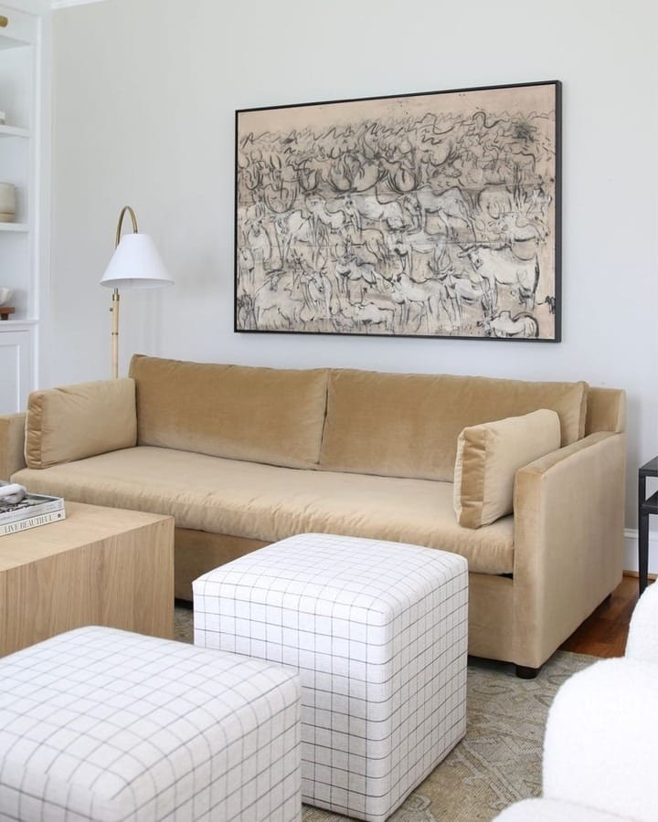 18. Soft Modern Simplicity in Beige and Grid Patterns - large living room wall ideas