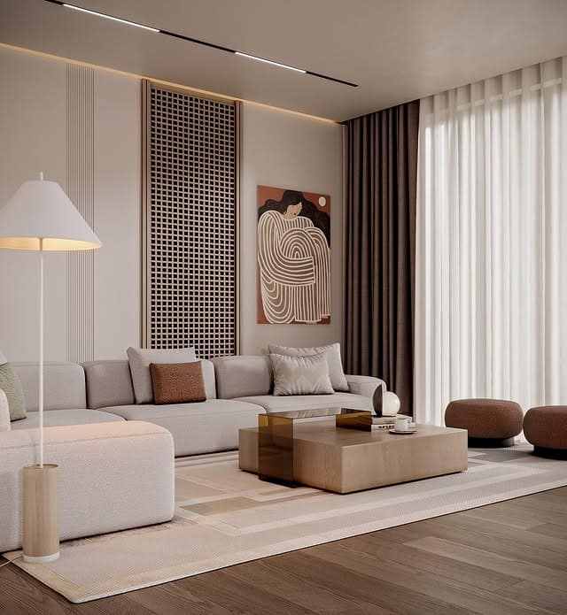 19. Warm Geometry with Artistic Focus - large living room wall ideas