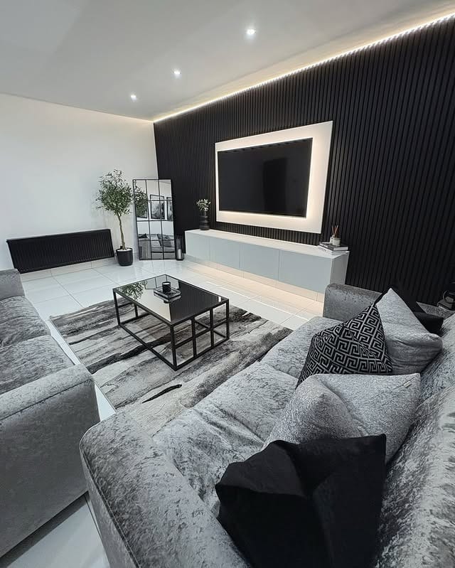 21. Monochrome Dimension with Linear Texture - large living room wall ideas