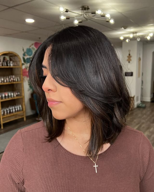 15. Layered Lob with Glossy Espresso Depth - Short Hair with Layers