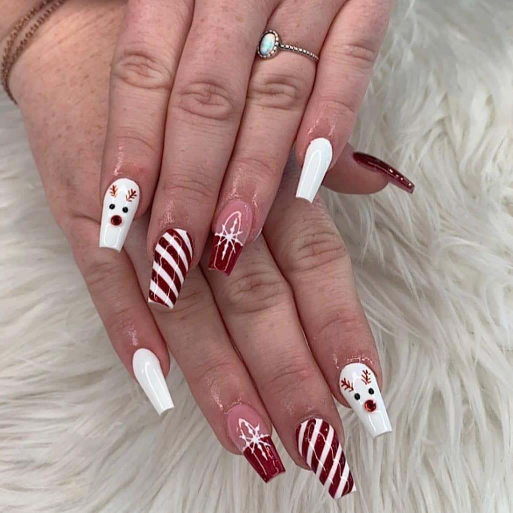 1. Classic Candy Cane & Rudolph Glam - reindeer nail ideas