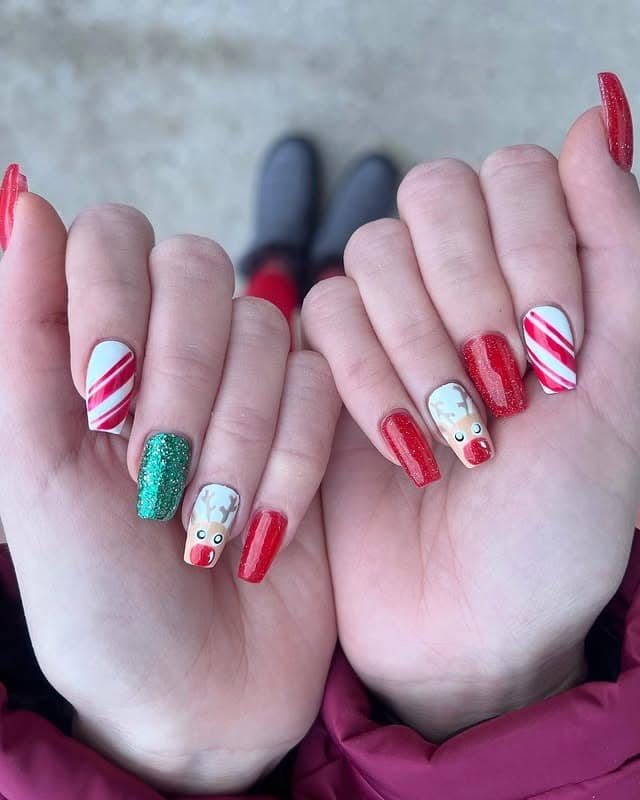 3. Festive Rudolph & Evergreen Sparkle - reindeer nail ideas