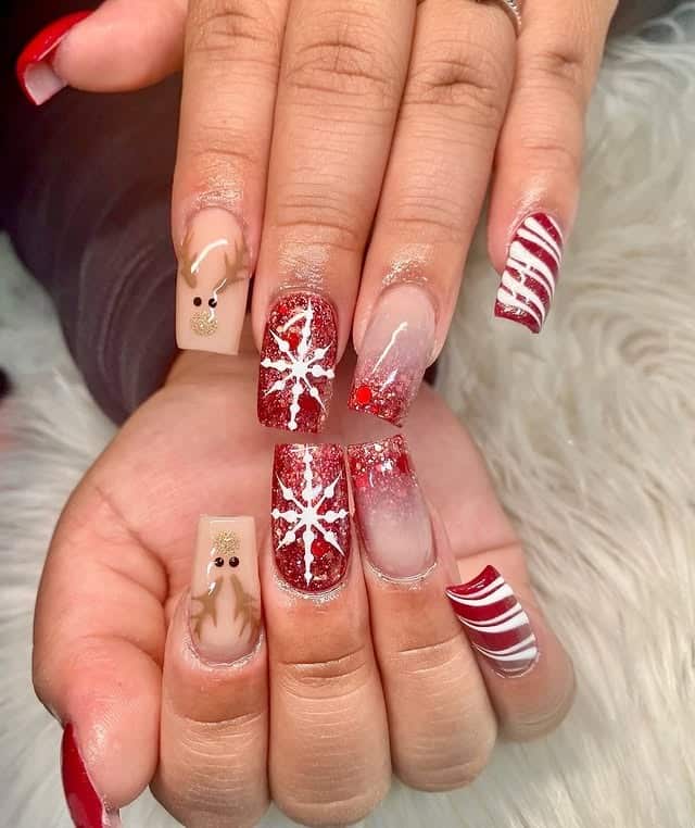7. Red Glitter & Snowflake Delight - reindeer nail ideas