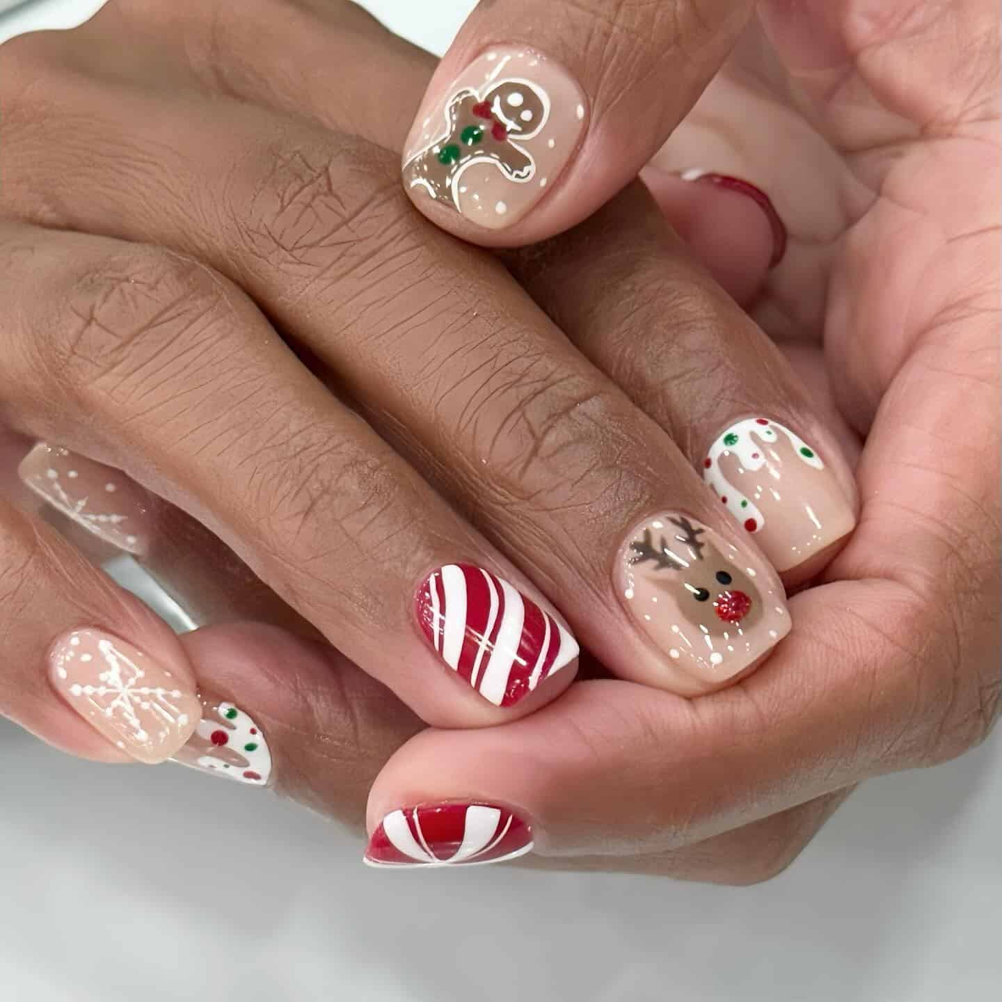 16. Candy Cane & Gingerbread Reindeer Mix - reindeer nail ideas