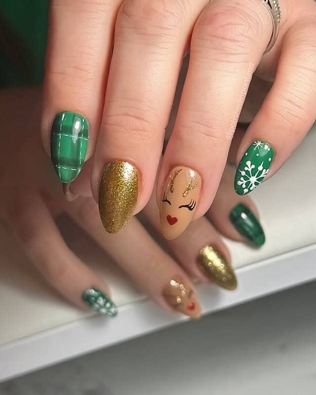 20. Green & Gold Holiday Reindeer Magic - reindeer nail ideas