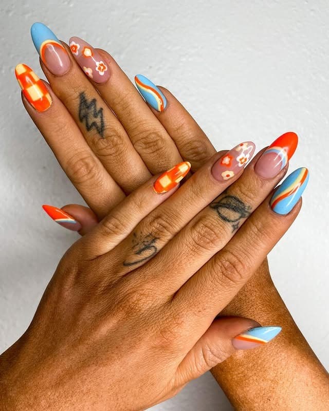 1. Retro Wave Bliss – Orange, Blue & Floral Mix - rounded nail ideas